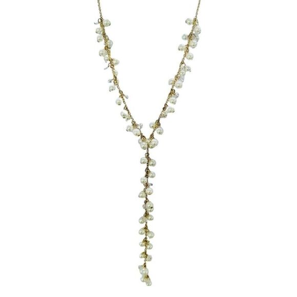 Vintage White Faux Pearl Cluster Gold Tone Drop Long Chain Link Y Necklace 26” - Picture 1 of 8